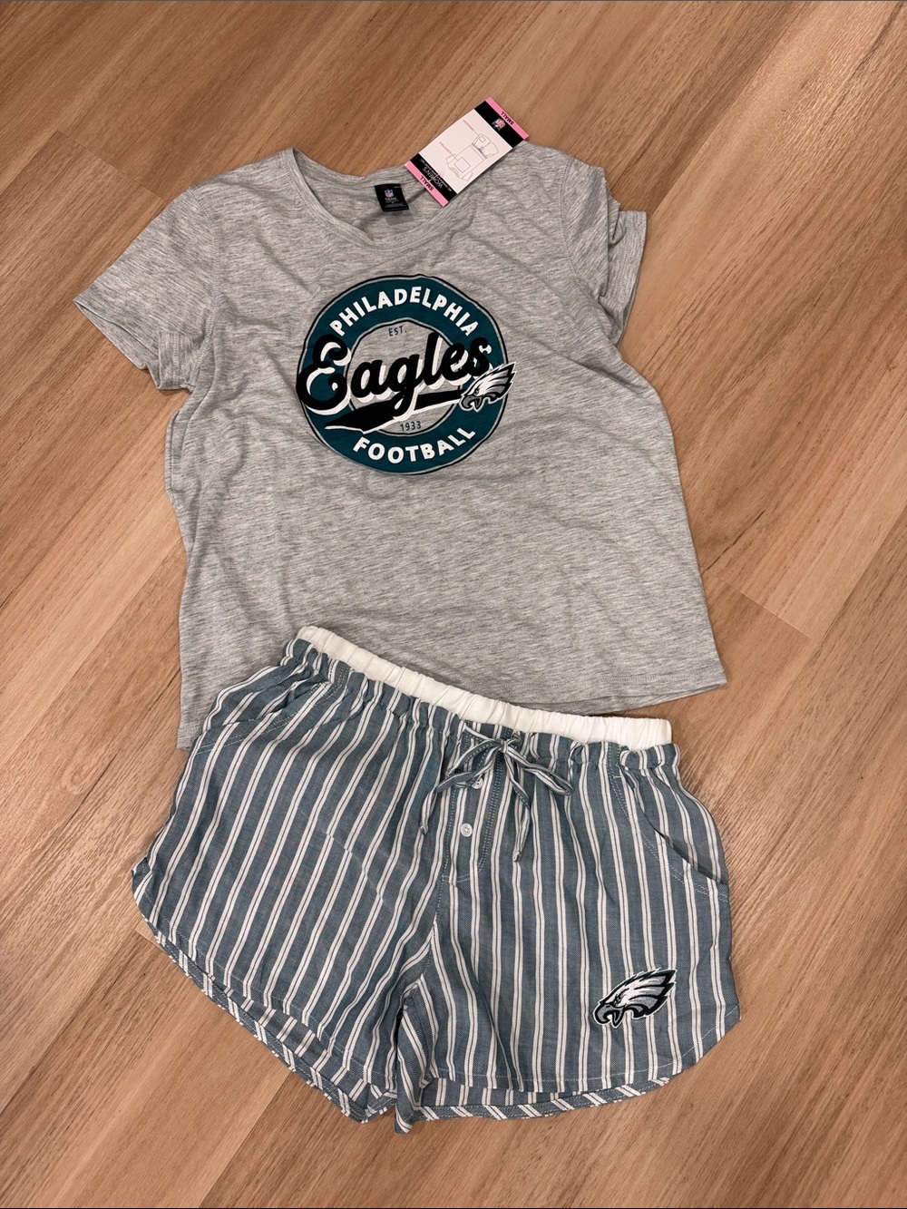 NFL Gray Eagles Graphic Tee with Blue-Gray Striped Sleep Shorts
